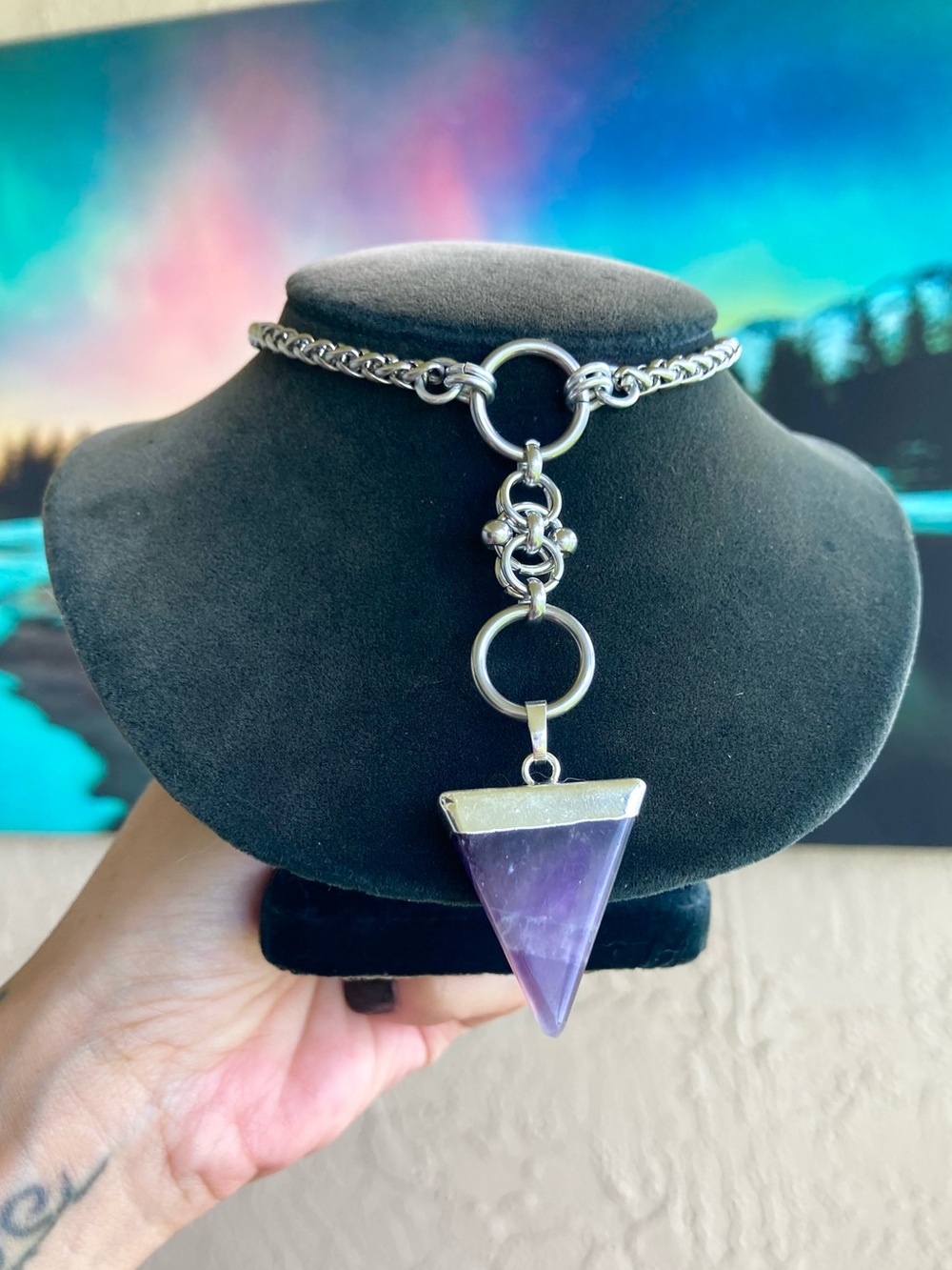 Amethyst triangle charm on stainless steel maille celtic knot lariat Y necklace.
